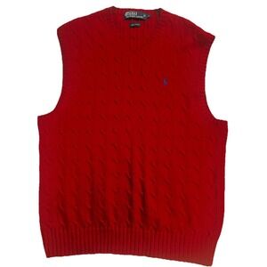 VTG Polo Ralph Lauren Mens Large Cable Knit Sweater Vest Red 100% Cotton Pony